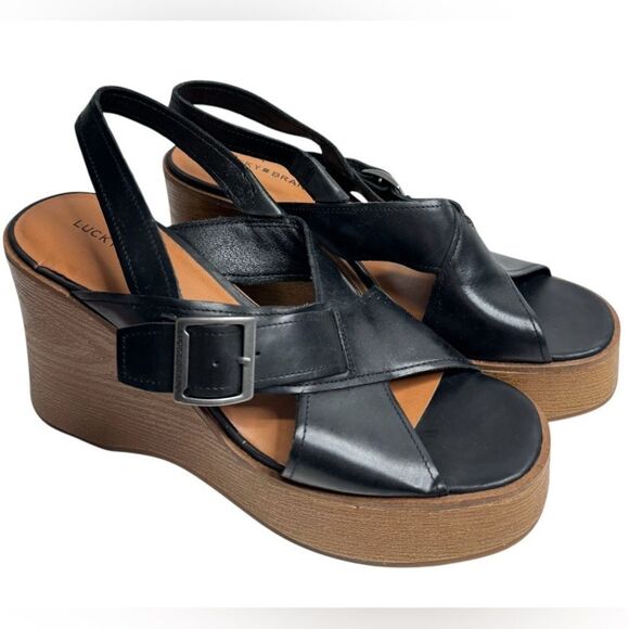 Lucky Brand Sandals Size 7.5 Black Wedge Leather Open Toe‎ Slingback - Picture 1 of 9